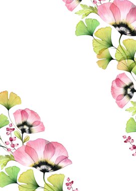 Çiçekli suluboya arka plan. Metin için yer alan dikey A5 kart şablonu. Şeffaf lale çiçekleri. Düğün tasarımı, kırtasiye malzemeleri, kart baskısı için büyük gül çiçekleriyle izole edilmiş el yazısı.