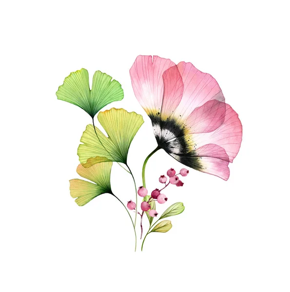 워터 컬러 튤립 부케. 은행나무 잎이 달린 분홍색의 커다란 꽃 과 흰색에 고립된 딸기가 있다. 손은 x-ray 꽃으로 그림을 그렸다. 카드에 대한 식물학적 인 삽화, 결혼식 디자인 — 스톡 사진