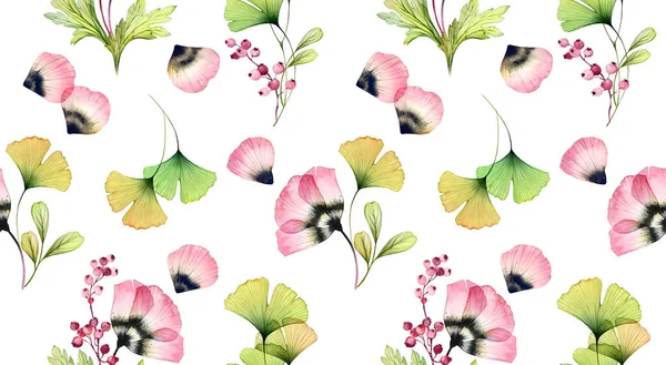 Aquarelle motif floral sans couture. Fleurs abstraites de tulipes, feuilles de gingko et pétales volants sur blanc. Isolé fond dessiné à la main pour la conception de papier peint, textile, tissu — Photo