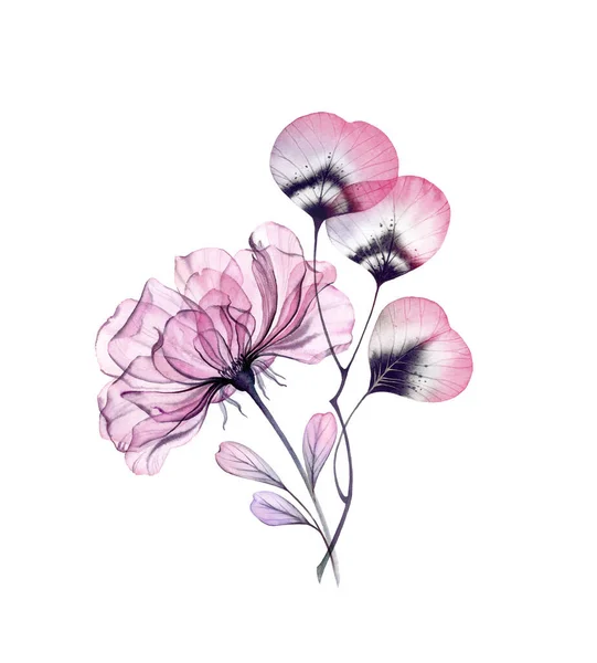 Aquarela rosa buquê. Flor roxa grande rosa com folhas de boho. Arte botânica pintada à mão. Isolado ilustração floral em cinza pastel, violeta, roxo para o projeto do casamento, impressão de cartão de papelaria — Fotografia de Stock