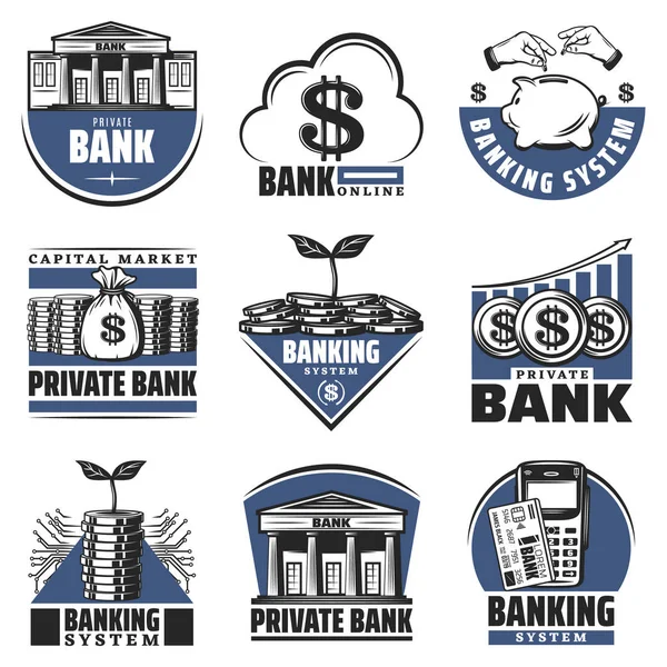 Vintage colorato Banking Emblemi Set — Vettoriale Stock