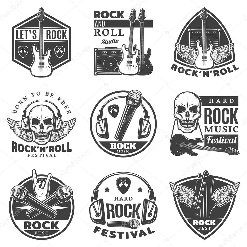 Vintage Monochrome Rock Music Labels Set
