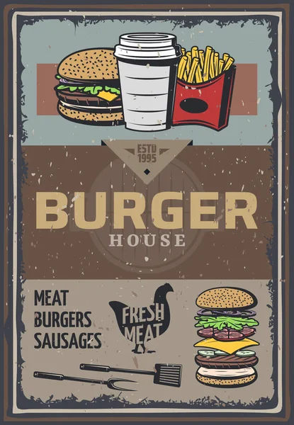 Vintage colorido Burger House Poster — Vetor de Stock