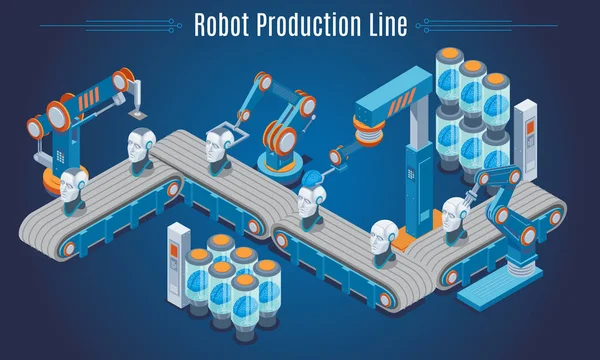 Plantilla de línea de producción de robots isométricos — Archivo Imágenes Vectoriales