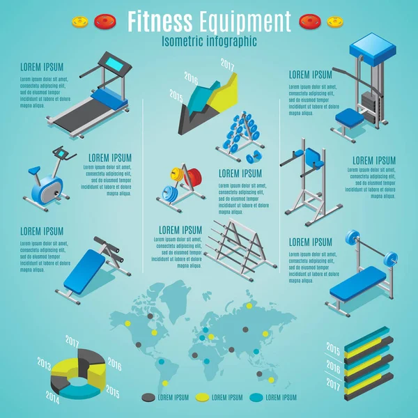 Isometrische Fitnessgeräte Infografik-Vorlage — Stockvektor