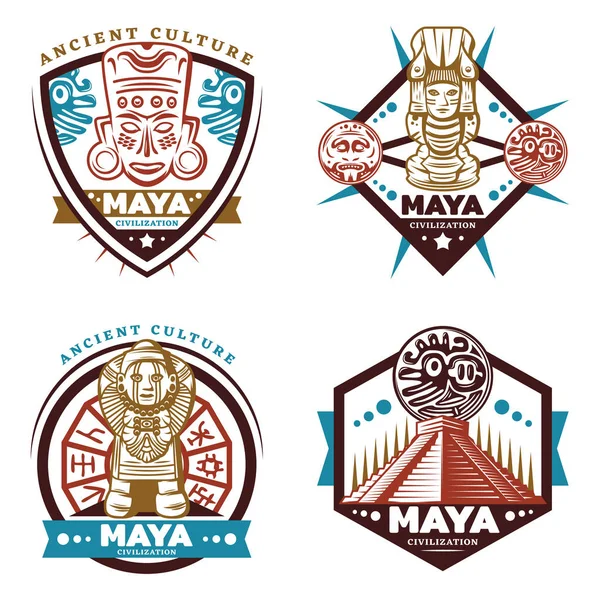 Emblems Set Peradaban Maya Berwarna Vintage - Stok Vektor