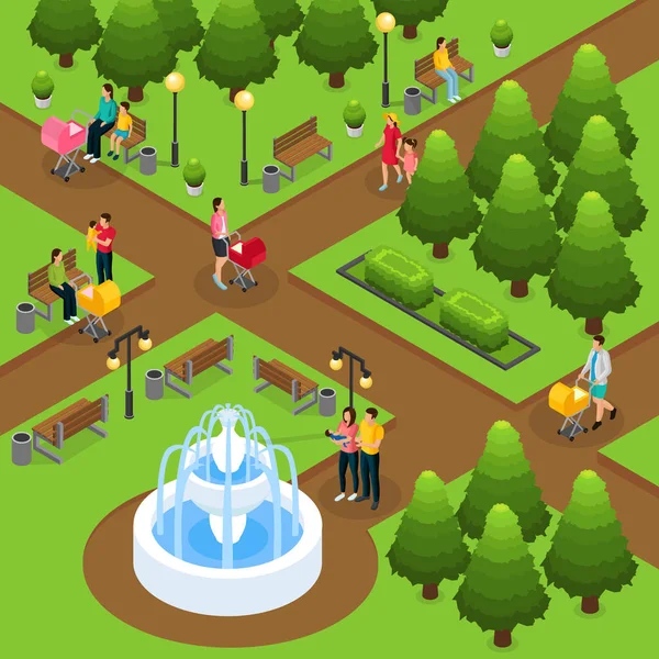 Izometrické lidí v šabloně veřejný Park — Stockový vektor