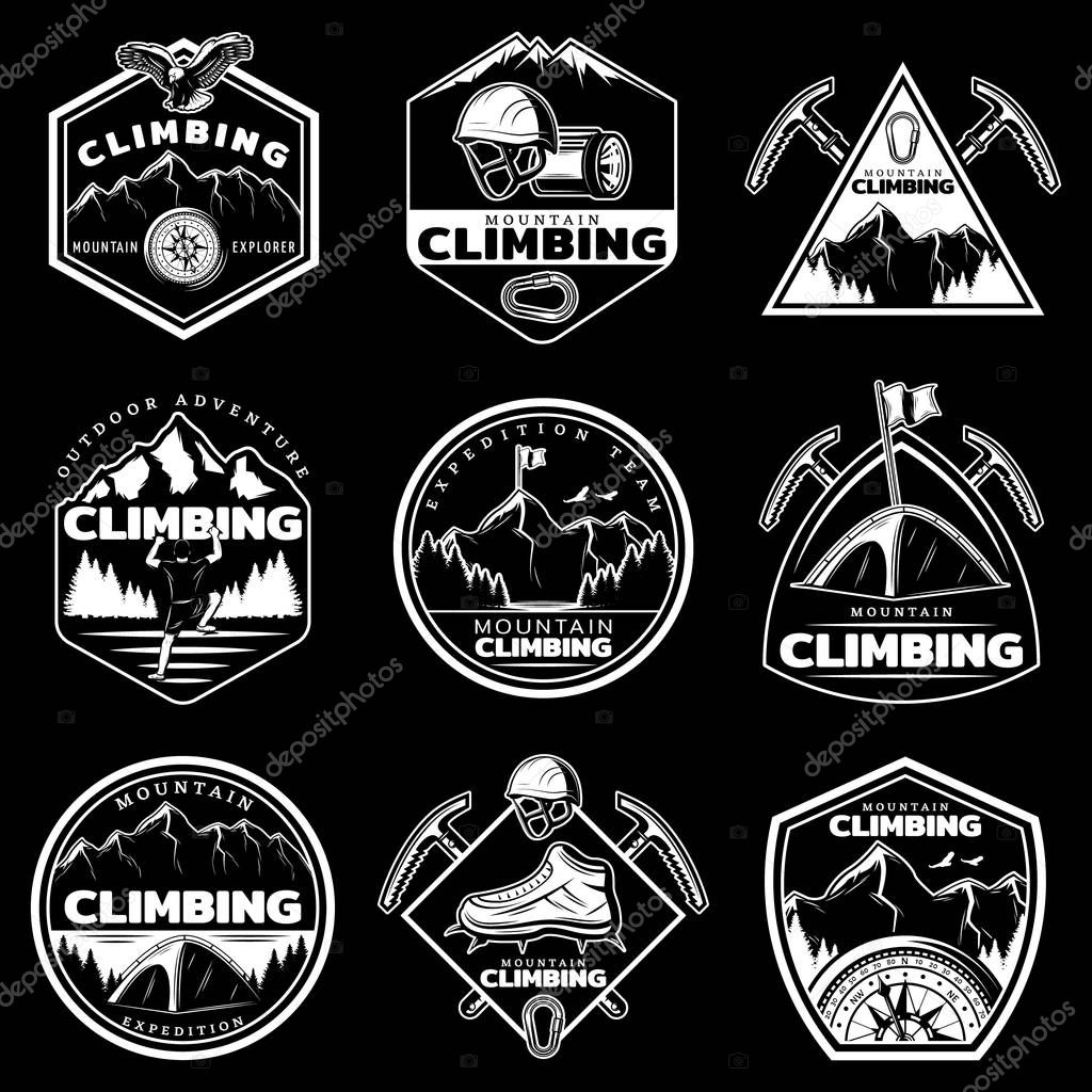 Vintage white mountain climbing logos set with inscriptions climber equipment nature landscape on black background isolated vector illustration