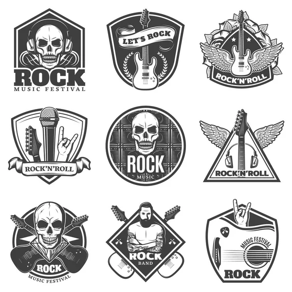 Vintage monochroom Rock muziek emblemen Set — Stockvector