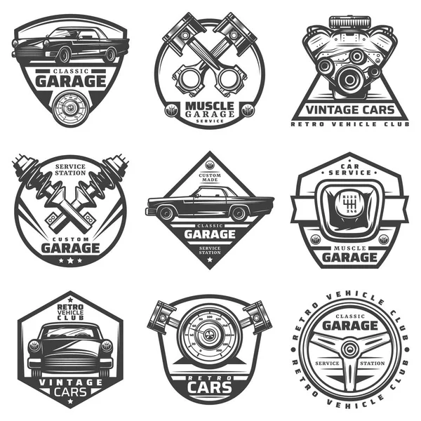 Eski model araba tamir servisi kümesi etiketleri — Stok Vektör
