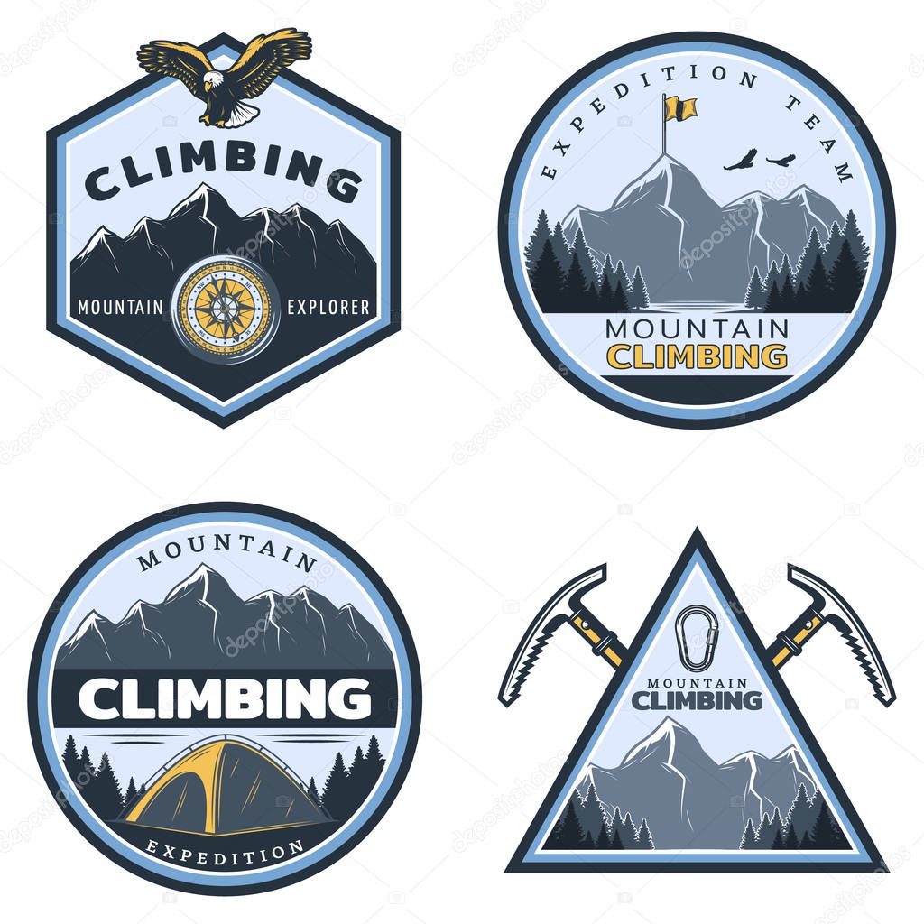 Vintage colored mountain climbing emblems set with inscriptions eagle tent pickaxes metal carabiner on nature landscape isolated vector illustration