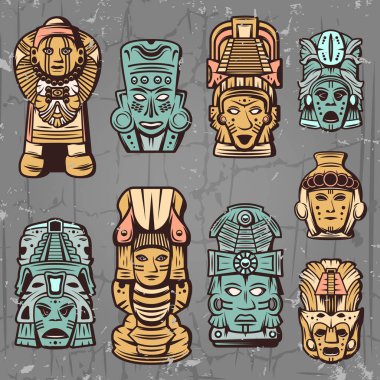 Vintage Colored Aztec Masks Set clipart
