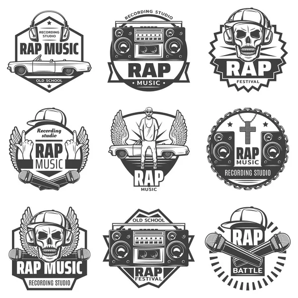 Vintage monocromatico rap etichette musicali Set — Vettoriale Stock