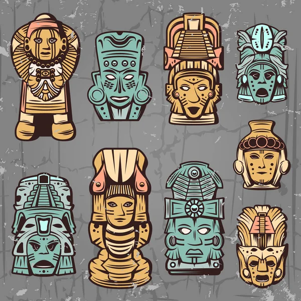 Vintage gekleurde Azteekse maskers Set — Stockvector