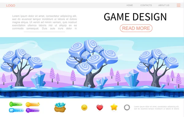 Çizgi film oyun tasarımı Web sayfası şablonu — Stok Vektör
