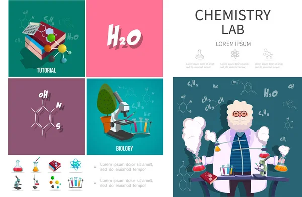 Concepto Infografía Laboratorio Química Plana Con Científicos Haciendo Experimentos Laboratorio — Vector de stock