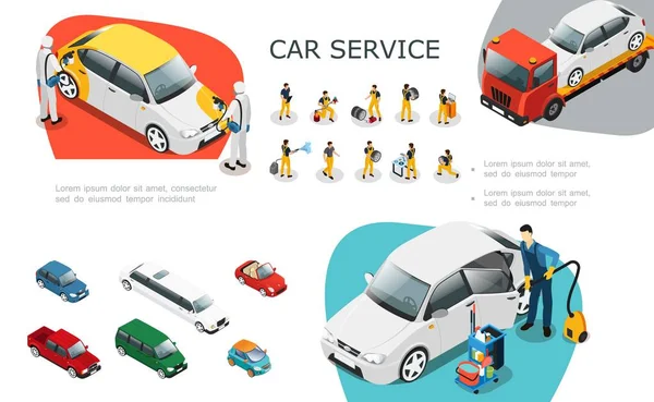 Ensemble d'éléments de service de voiture isométrique — Image vectorielle