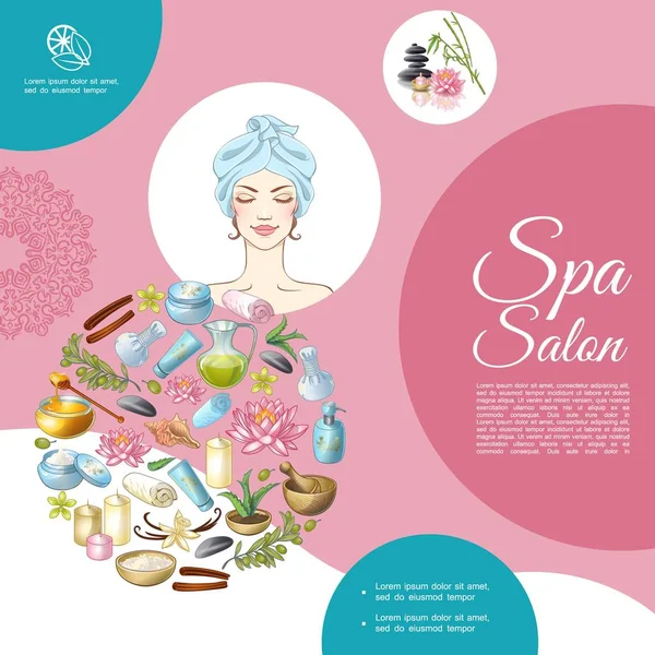 Cartoon Spa Salon Composition Woman Stones Lotus Flower Aroma Candles — Stock Vector