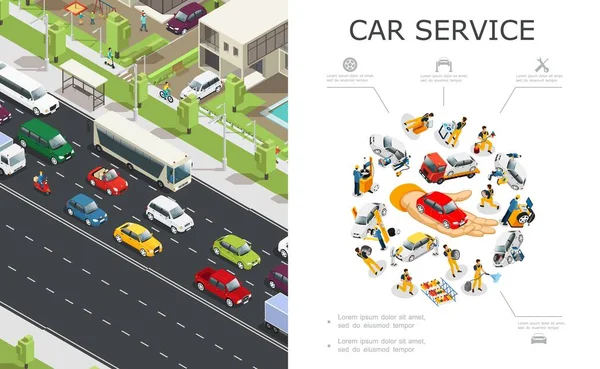 Car Service And Traffic Jam Composition — Stock Vector