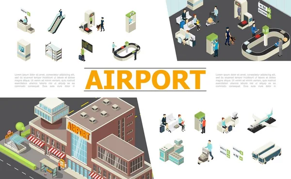 Set de elementos isométricos del aeropuerto — Vector de stock