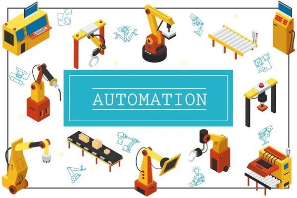 Concetto di macchine industriali automatizzate isometriche — Vettoriale Stock