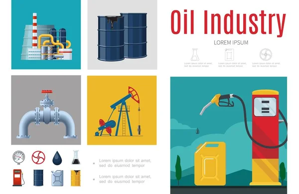 Plantilla Infográfica de la Industria Plana del Aceite — Vector de stock