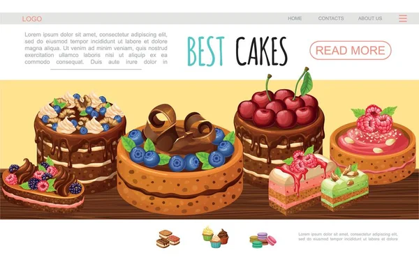 Desenhos animados Bolos saborosos Web Page Template —  Vetores de Stock