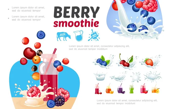 Cartoon Healthy Berry Smoothies Composition — Stock Vector