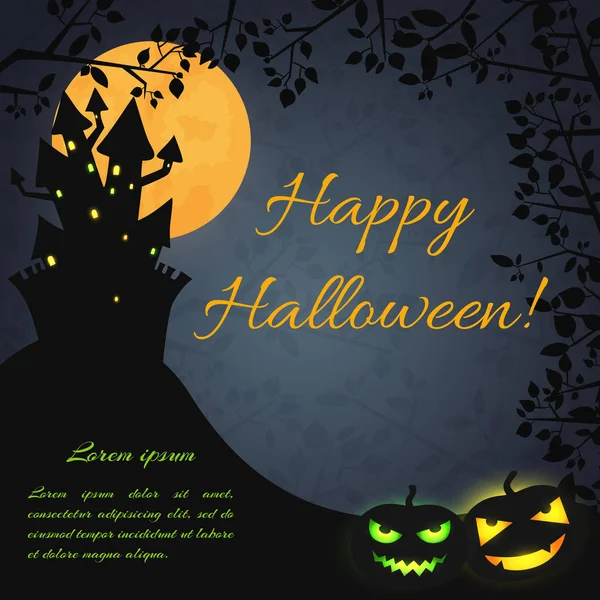 Halloween Festive Dark Poster Haunted House Hill Evil Pumpkins Tree — Stock Vector