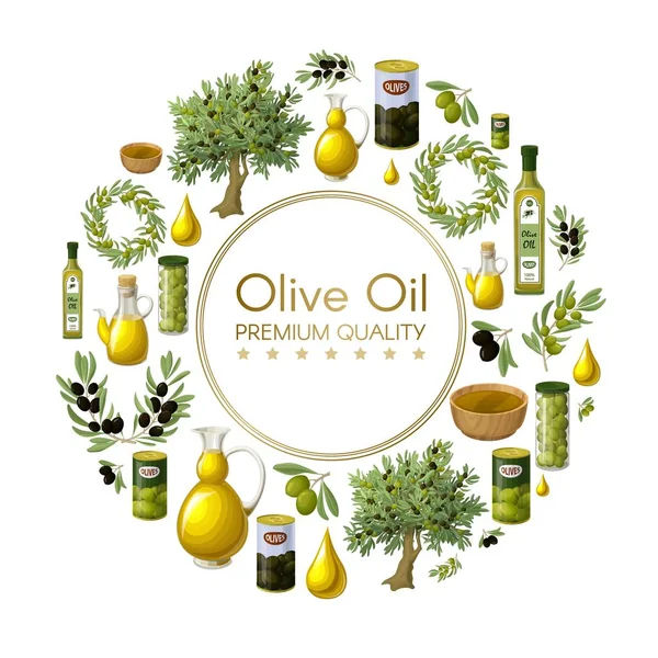 Cartone Animato Olio Naturale d'Oliva Round Concept — Vettoriale Stock