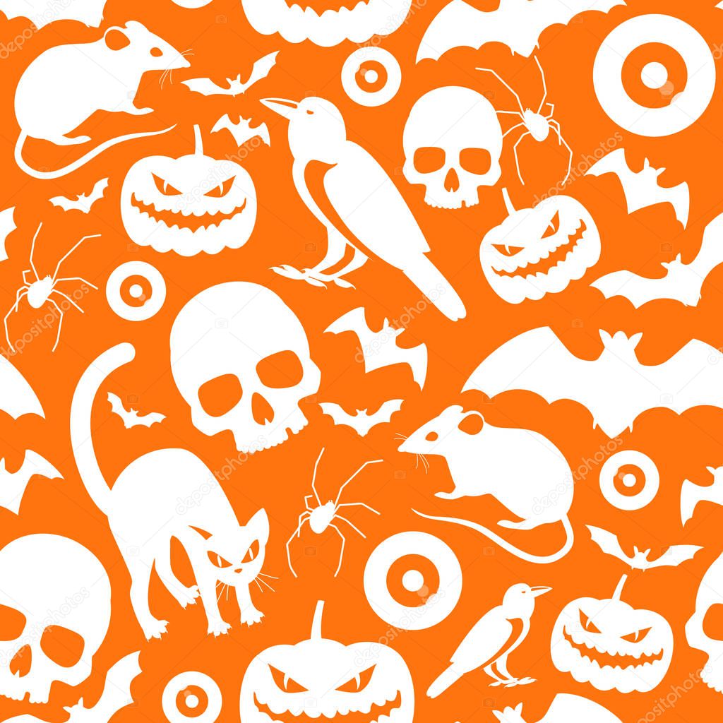 Halloween symbols seamless orange pattern with white cartoon icons of pumpkins cats rat crows bats skulls eyeball spider flat vector illustration
