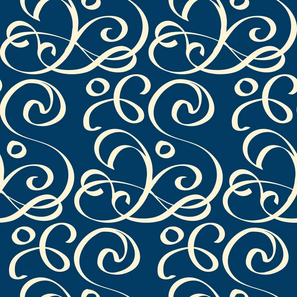 Naadloze blauwe patroon met witte kronkelende linten — Stockvector