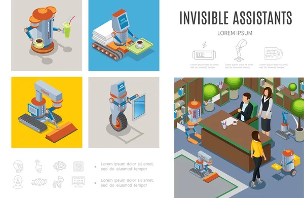 Assistentes robóticos isométricos Modelo infográfico — Vetor de Stock