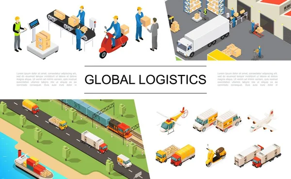 Set di elementi logistici globali isometrici — Vettoriale Stock