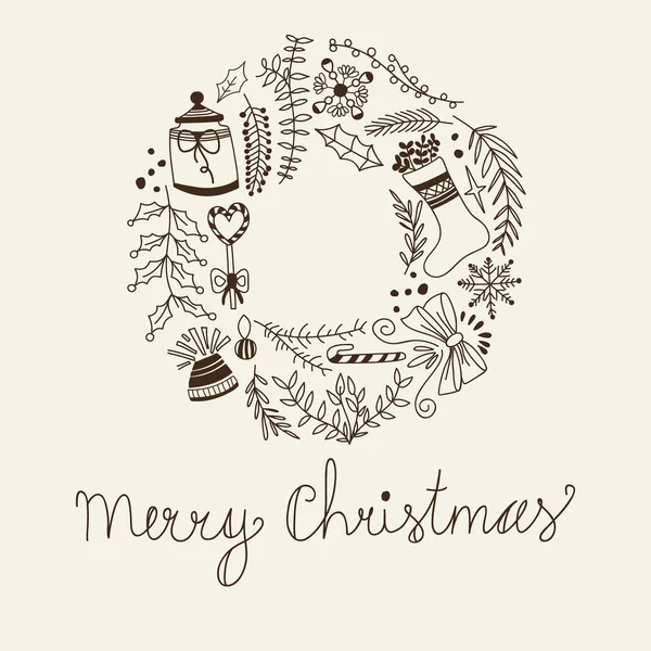 Monochrome Joyeux Noël cercle cadre Doodle Composition — Image vectorielle