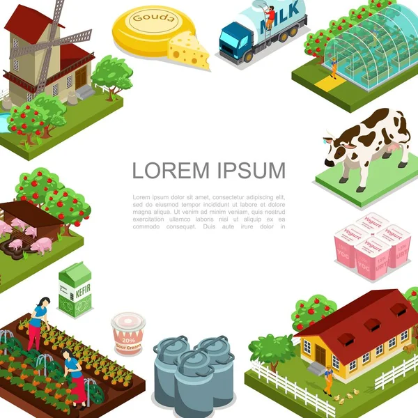 Modèle d'agriculture et d'agriculture isométriques — Image vectorielle