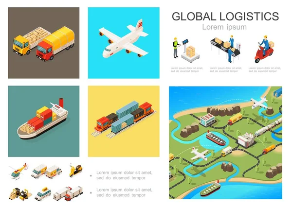 Isometric Global Logistics Infographie Concept — Image vectorielle