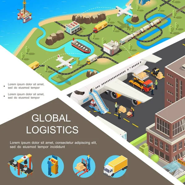 Póster de logística global isométrica — Vector de stock