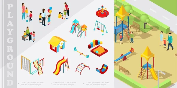 Composizione degli elementi del parco giochi per bambini isometrici — Vettoriale Stock