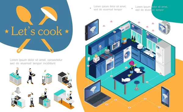 Isométrico Concepto Infografía Cocina Inteligente Con Control Inalámbrico Electrodomésticos Utilizando — Vector de stock