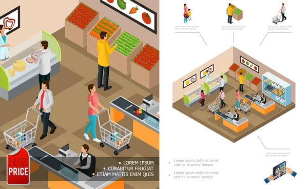 Concepto de compras de comestibles isométricos — Vector de stock