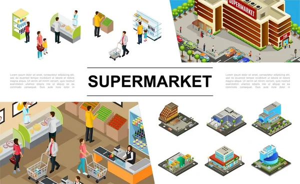 Collezione di elementi per supermercati isometrici — Vettoriale Stock