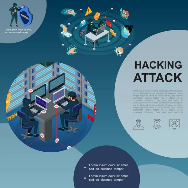 Plantilla de ataque de hackers isométricos — Vector de stock