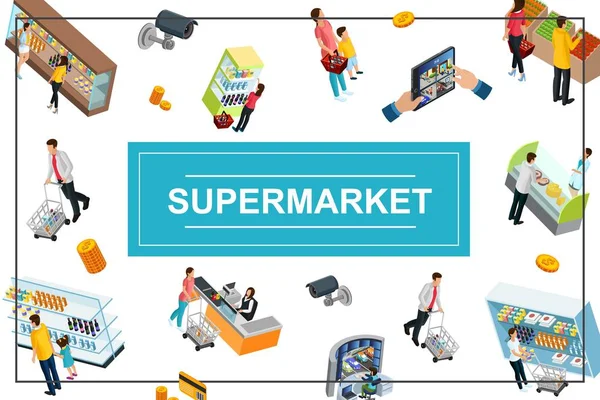 Barevný koncept izometrické Supermarket — Stockový vektor