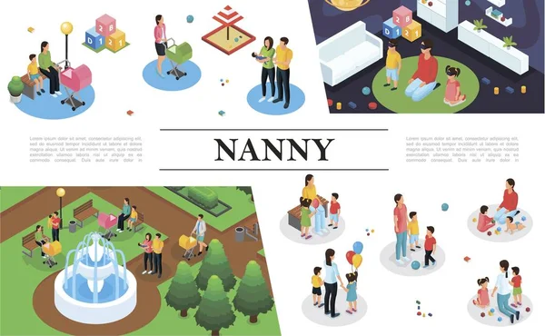 Isometric Nanny Work Concept — Stock Vector