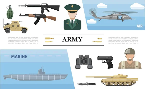 Concepto de elementos militares planos — Vector de stock