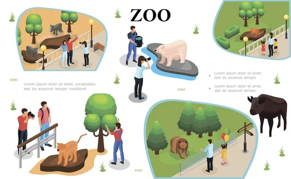 Izometryczne Zoo kolorowy kompozycja — Wektor stockowy