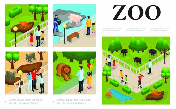 Izometrikus állatkert színes összetétele — Stock Vector