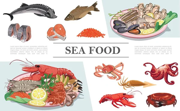 Flat Seafood Colorful Composition — Stock Vector
