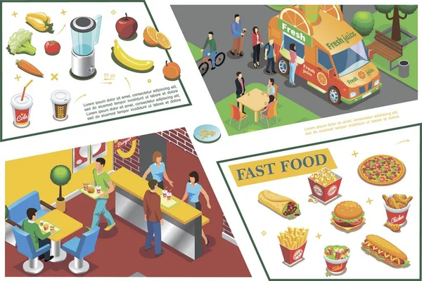 İzometrik Fast Food renkli kompozisyon — Stok Vektör